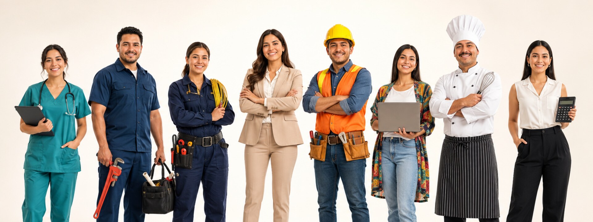 Grupo diverso de profesionales latinoamericanos de salud, oficios, negocios, gastronomía y tecnología